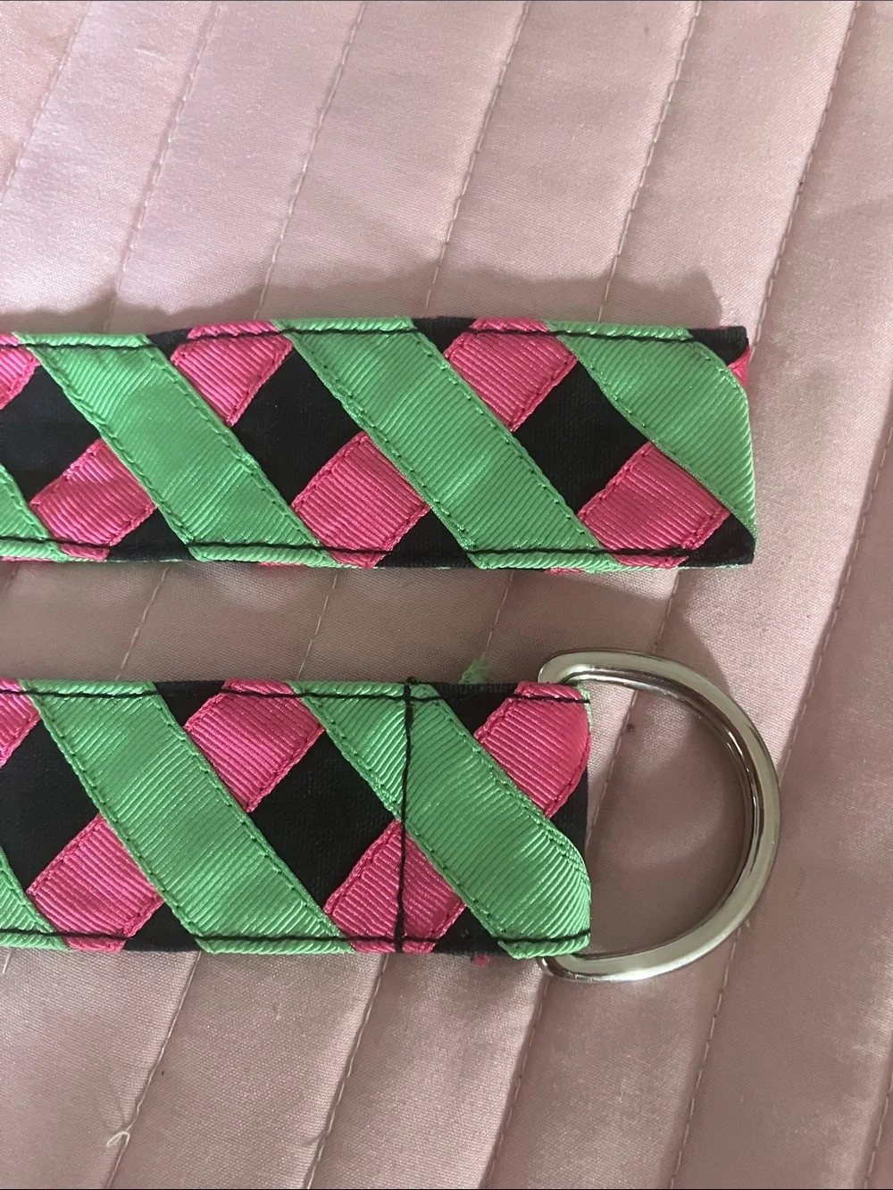 Super preppy green & pink grosgrain ribbon belt M